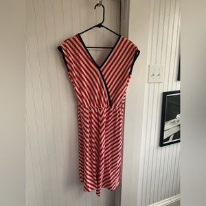 Avon fashions red and white striped dress with navy trim